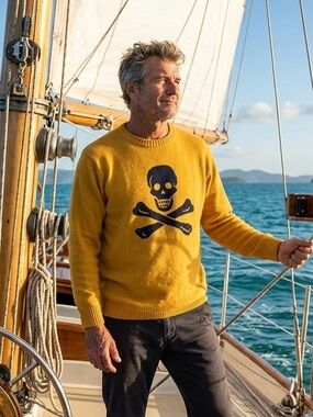NWT $138 Long Wharf SeaWell Mustard Navy Skull & Crossbones Crewneck Sweater XL
